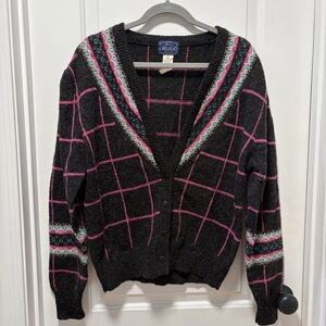 Vintage Woolrich Woman Sweater size‎ Large Grey Wool Cardigan Plaid Fair Isle